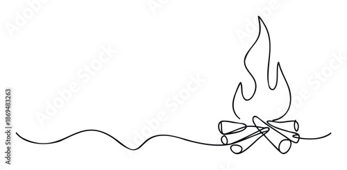 A continuous one line drawing capturing the essence of a cozy campfire with burning logs and dancing flames, perfect for outdoor adventure promotions or nature themed projects