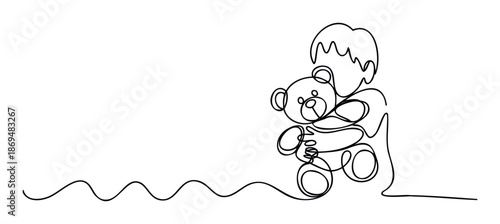 One continuous line drawing depicting a child embracing a beloved teddy bear toy, symbolizing comfort, friendship, and childhood memories, perfect for prints, posters, or developmental