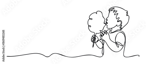 Continuous line drawing of a happy child enjoying delicious fluffy cotton candy, perfect for childrens events, food festivals, or sweet treat promotions