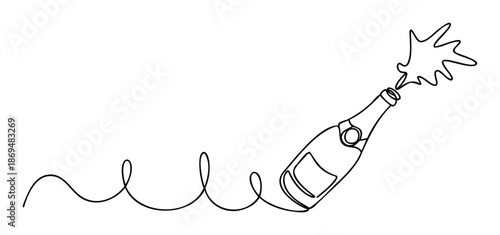 Continuous line drawing of a celebratory champagne bottle popping with an explosive splash, ideal for greeting cards, event invitations, party decorations, and festive marketing campaigns.