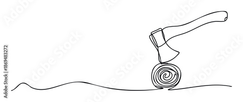 Minimalist continuous line drawing illustrating an axe chopping into a circular wood log, symbolizing hard work, forestry, or construction projects, suitable for presentations, educational