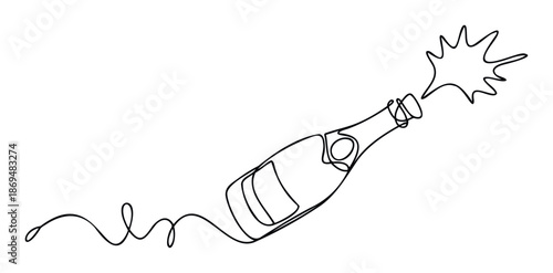 Continuous line drawing of a champagne bottle popping open with a celebratory burst, ideal for event invitations or adding a festive graphic to party marketing and holiday promotions.