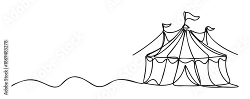 Single continuous line drawing of a circus tent with flags for entertainment events promotions, childrens book publishing, or festive event announcements
