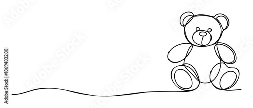 Charming single continuous line drawing capturing a beloved teddy bear toy in a sitting posture, suitable for kindergarten materials, birth announcements, and heartwarming childfocused