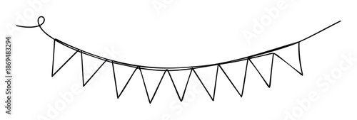 Simple line drawing of a party bunting banner with triangular flags hanging from a curved string, perfect for festive event decorations and celebration graphics.