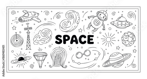 An engaging coloring book page with a diverse collection of celestial bodies, spacecraft, and cosmic phenomena, perfect for educational materials, childrens activities, or sciencethemed