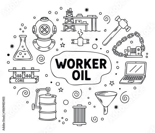 Hand drawn doodle set featuring various elements related to the oil industry and energy exploration, perfect for educational resources and commercial projects
