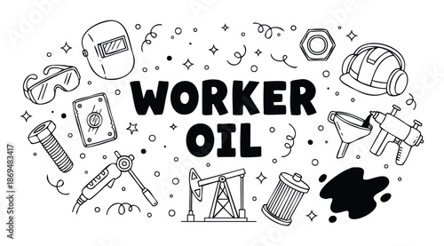 Assortment of hand drawn industrial worker and oil industry elements featuring safety gear, tools, and machinery for energy sector promotions, vocational education, and labor visuals.