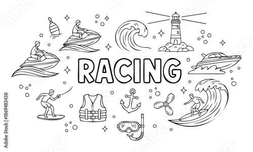Outline graphic featuring water sports, jet ski, surfing, boating, and nautical elements centered around the word RACING, perfect for event promotion or activity brochures.