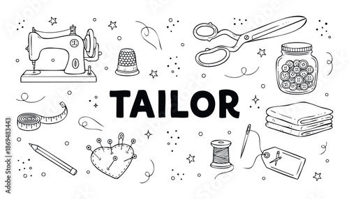 Essential tailoring tools and sewing accessories collection for crafting, textile design, fashion industry branding, clothing production, and DIY handmade projects.