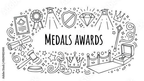Outline drawing of medals and awards with victory symbols like diamonds, crowns, and certificates, ideal for celebrating achievements, recognition ceremonies, and competitive events