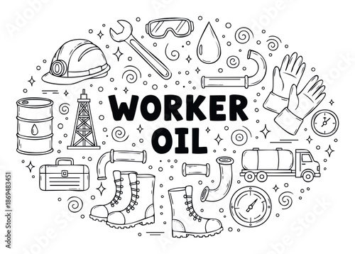 Hand drawn outline doodle set illustrating oil industry safety equipment and tools for energy production and related professions