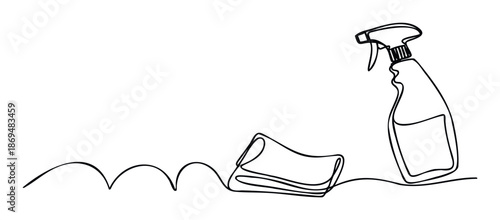 Continuous line drawing showing essential house cleaning supplies including a spray bottle and a folded cloth, ideal for depicting household chores and maintenance tasks.