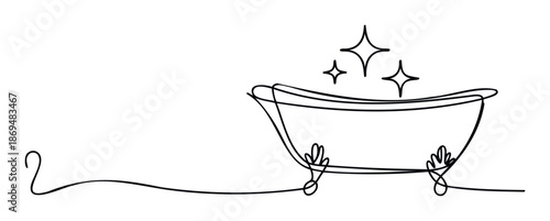 Continuous single line drawing of a traditional clawfoot bathtub with sparkling symbols, ideal for projects focused on relaxation, personal care, or household amenities.