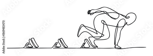 Dynamic single continuous line drawing of an athlete crouched in starting blocks on a track, ready for a sprint race, ideal for conveying motivation and competitive spirit in athletic
