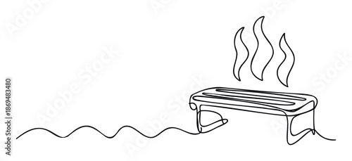 Stylized single line graphic depicting a hot toaster with rising heat waves, ideal for breakfast themes, cooking blogs, kitchen appliance advertisements, or modern food service promotions.
