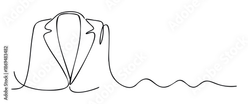 A sleek single line drawing of a formal jacket extends into a wavy continuous path offering a modern and minimalist graphic for business presentations, invitations, or clothing store
