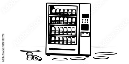 Vending machine with drinks and scattered coins on the floor  