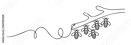 Continuous line drawing depicting a group of six bees hanging from a tree branch, creating a simple yet elegant visual for naturethemed projects, educational materials, or decorative