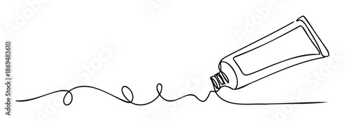 Elegant continuous line drawing of an open tube dispensing a flowing fluid trail, great for cosmetic item branding, health packaging, or innovative project promotions.