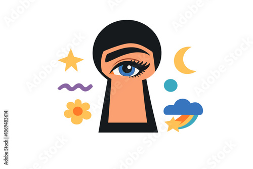 A woman's eye peers through a keyhole against a pink backdrop, blending contemporary collage with the quest for hidden truths, conceptual design, and the essence of creativity, abstract art