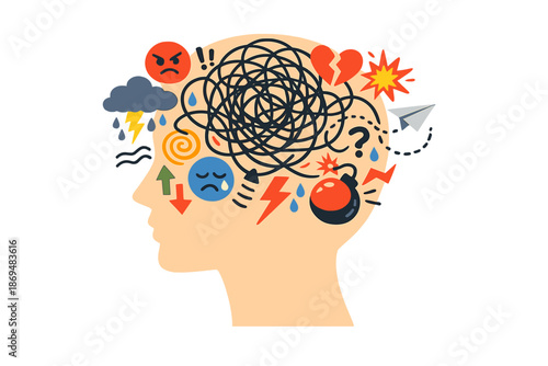 Exploring the intricate, chaotic mind with tangled thoughts, conflicts, emotional pressure, and stress, this contemporary art collage delves into psychology, the inner world, and therapy