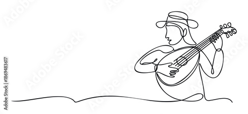 A musician wearing a classic hat gracefully playing a stringed instrument in a minimalist single line drawing style perfect for music education and entertainment presentations.