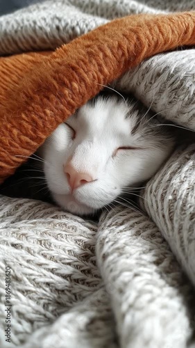 Sleeping white cat nestled in cozy blankets and soft textures  
