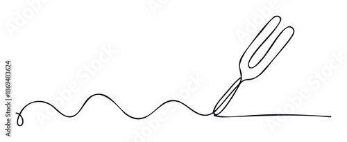 Elegant continuous line drawing depicting a fork evolving from a simple wavy line, perfect for culinary branding, restaurant logos, musicthemed content, or modern graphic elements.