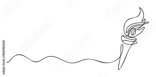 Continuous line drawing of a stylized Olympic torch with a flowing flame, symbolizing success and achievement, suitable for sports, education, or inspirational marketing materials.
