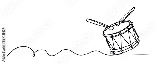Minimalist single line drawing depicting a percussion instrument drum with drumsticks, perfect for music school promotions, rhythmic event posters, or instrument learning applications.