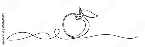 Minimalist single continuous line drawing of a fresh apple with a leaf and stem, perfect for promoting health, organic food branding, or modern graphic design projects.