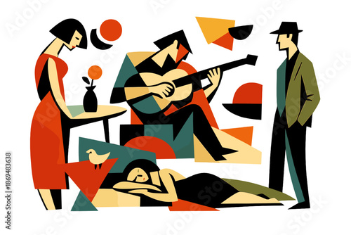 Digital art featuring abstract paintings with geometric shapes, figurative drawings, retro expressionism, elongated figures, restrained expressionism, and a wallpaper background