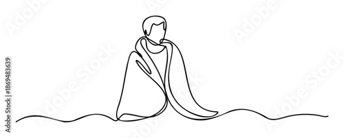 Minimalist continuous line drawing of a contemplative person sitting wrapped in a warm blanket, ideal for wellness, relaxation, or meditation themed publications and digital graphics.