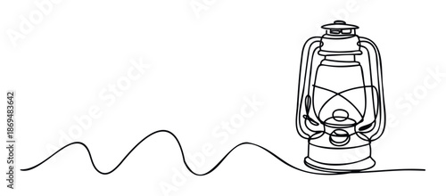 Continuous line drawing of a traditional kerosene lantern with a flowing wavy line, perfect for symbolizing illumination, discovery, or a journey in visual media and branding.