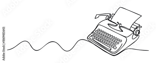 Continuous line drawing of a vintage manual typewriter with a sheet of paper on the platen connected by a wavy line symbolizing storytelling or writing for publishing materials.