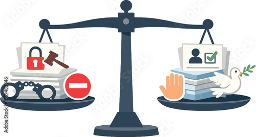 A conceptual illustration of a scale weighing legal restrictions against individual rights, accompanied by policy papers