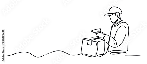 Continuous line drawing of a delivery person wearing a cap scanning a cardboard package with a handheld scanner, perfect for depicting ecommerce logistics, warehouse operations, and