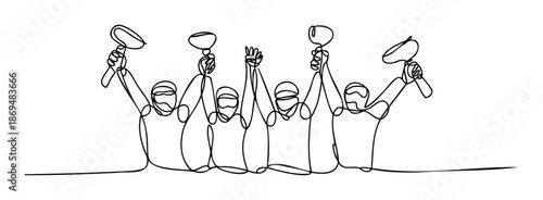 Continuous line drawing of a team celebrating victory with trophies, perfect for sports, business, or successthemed marketing materials and presentations.