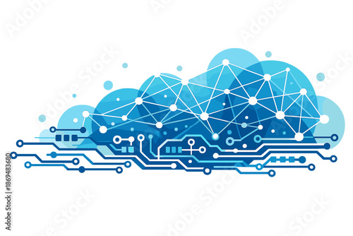 The picture shows an abstract digital circuit board overlaid with a network, implying connectivity and technological innovation