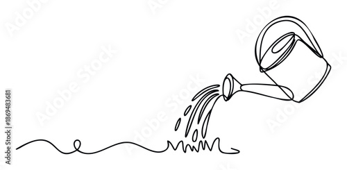 Continuous line art of a watering can pouring water onto stylized ground, symbolizing growth and care, excellent for gardening, nature, or environmental promotions and educational designs.