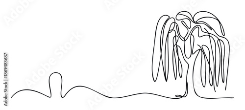 Elegant single continuous line drawing capturing the graceful silhouette of a weeping willow tree, perfect for minimal branding, modern decor, and naturethemed graphical projects.