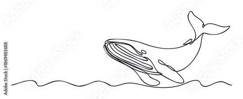 Graceful whale continuous line drawing surfacing from the ocean waves perfect for modern aquatic branding elements, minimalist logo designs, and captivating digital media graphics.