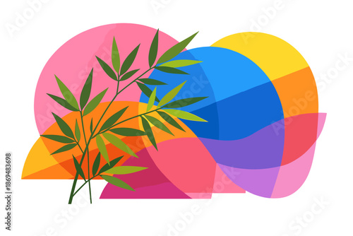 An energetic abstract artwork showcases fine bamboo leaves set against a rainbow-hued backdrop with geometric layers, evoking a contemporary artistic vibe