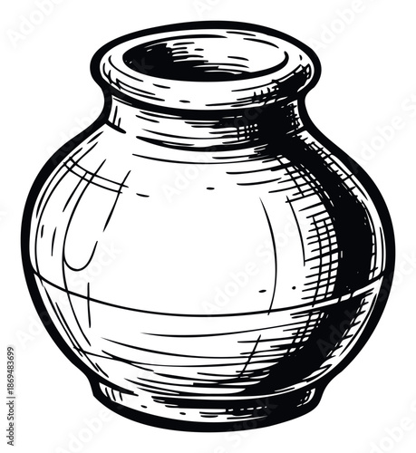 Black and white hand drawn sketch of a traditional ceramic vase or pottery jar perfect for cultural craft projects and rustic decor ideas for various applications.