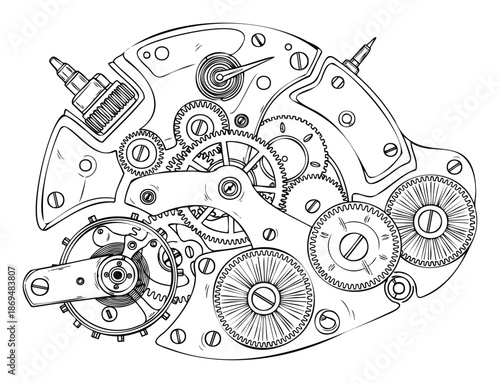 Detailed technical drawing of intricate clockwork mechanism showcasing precision gears and tiny components perfect for engineering projects, educational materials, or horology enthusiasts