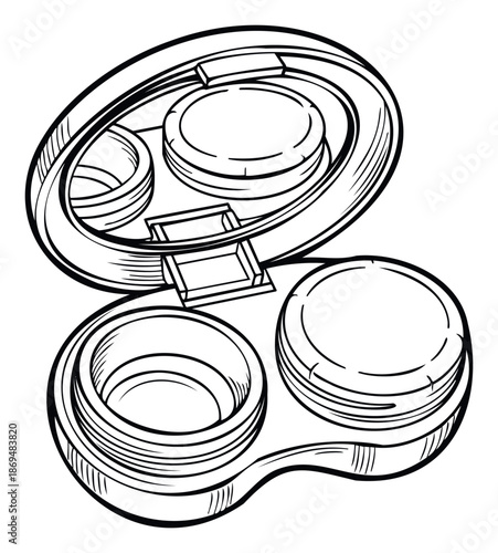 Contact lens case shown open with separate compartments for left and right lenses and a central accessory holder, perfect for promoting eye care products and vision health awareness