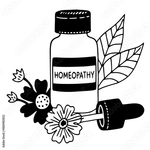 Homeopathy bottle with dropper and flowers on white background  