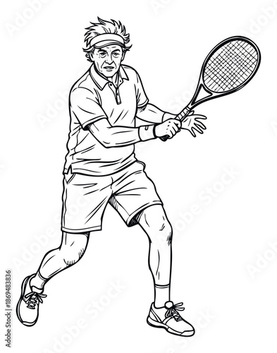 Dynamic senior male athlete demonstrating a powerful tennis forehand stroke on the court, perfect for sports fitness and active lifestyle content.