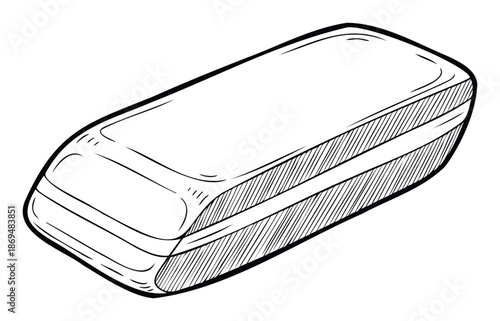 Simple hand drawn black and white rendering of a rectangular rubber eraser perfect for educational material school supply catalogs and stationery promotions